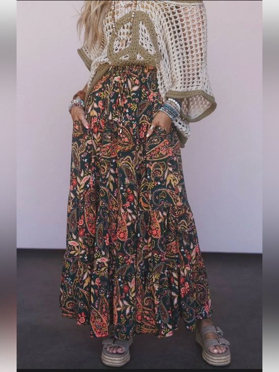 Three Bird Nest Dresses & Skirts - New: Three Bird Nest “Happy Tiers” Boho Mixed Print Tiered Flowy Maxi Skirt• S